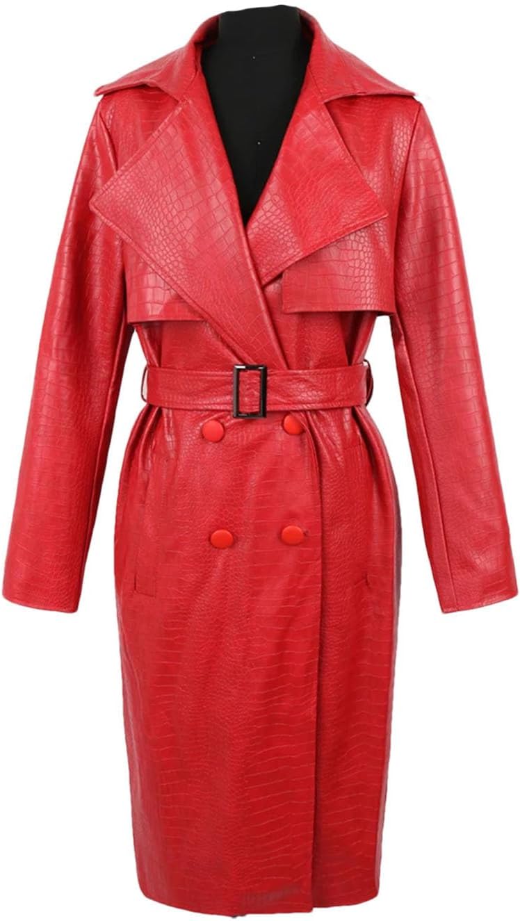 Women Autumn Long Loose Leather Trench Coat For Belt Double Breasted Raincoat