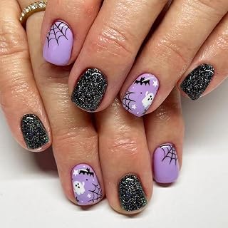 Halloween Press On Nails Short Square Purple False Nails with White Ghost & Black Spider Web Bat Designs, Glossy Glue on Nails Acrylic Nails Black Glitter Stick On Nails, Full Cover Fake Nails 24 Pcs