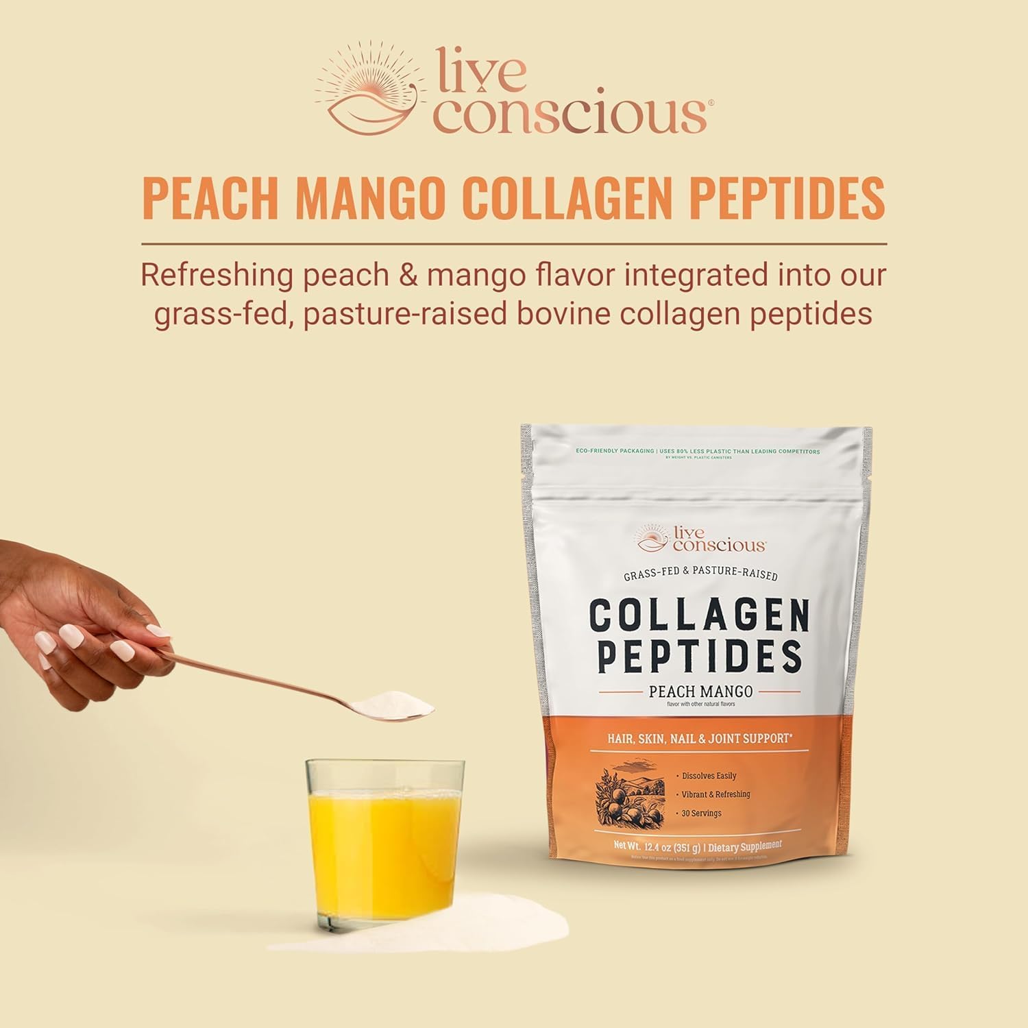 Live Conscious Collagen Peptides Powder - Peach Mango Flavored Collagen Powder - Hair, Skin, Nail, & Joint Support - Type I & III Grass-Fed Collagen Supplements for Women and Men (2-Pack) - Image 3