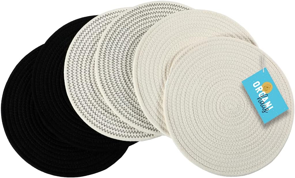 OrganiHaus Black and White Placemats | Set of 6 Rustic Round Woven Placemats | Heat Resistant Placemats | Braided Placemats for Kitchen Table | Washable Round Placemats for Dining Table Farmhouse