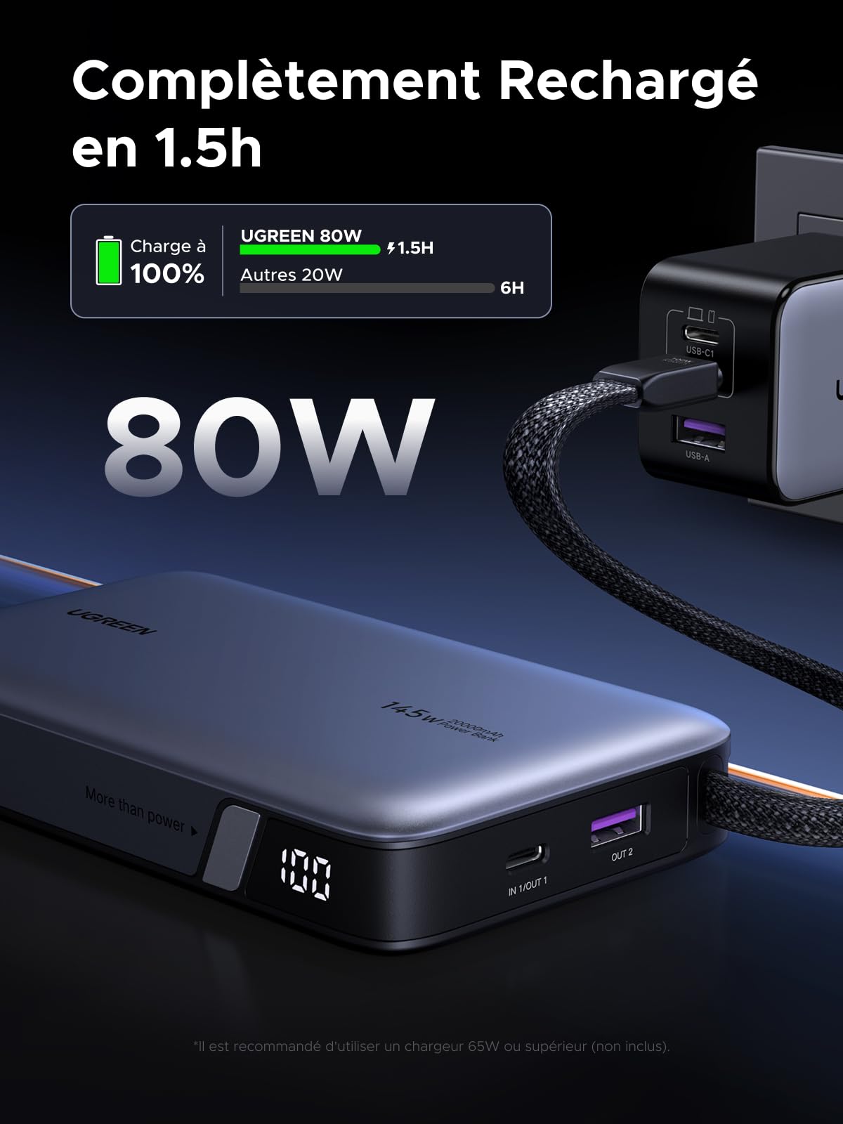 UGREEN Nexode 145W Batterie Externe 20000mAh Power Bank Charge Rapide PD3.0 100W Câble USB C Intégré Chargeur Portable PC LED Compatible avec iPhone 17 16 15 Plus Pro Max Galaxy S25 S24 MacBook iPad