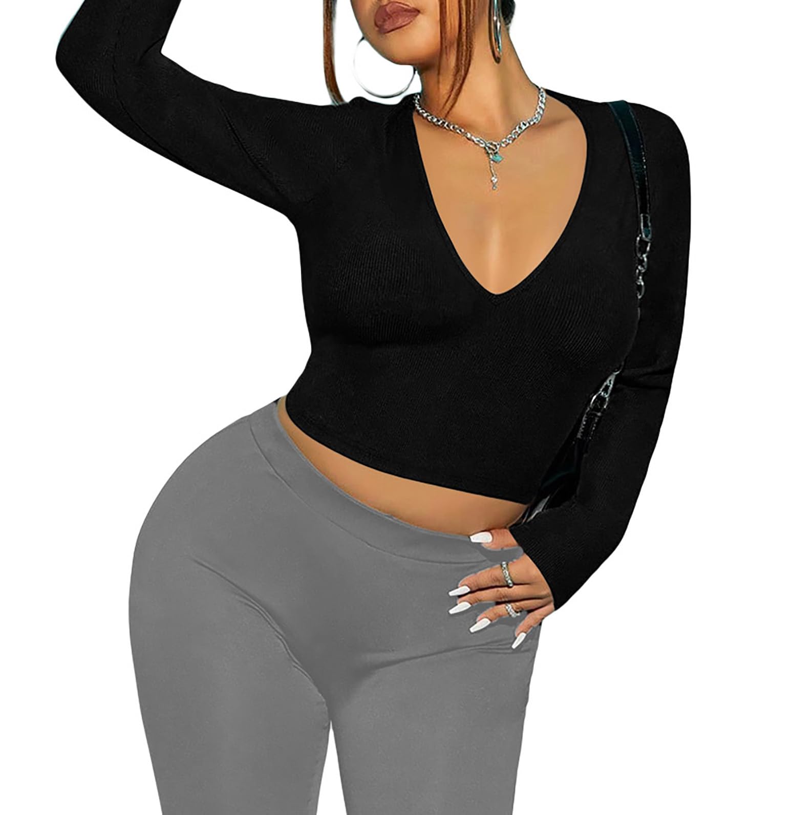 the blazze Women's Cotton Stretchable Basic Solid V Neck Full | Long Sleeve Regular Fit Crop Top T-Shirt for Women L398-picture-52
