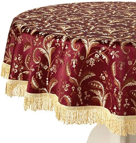 Violet Linen Luxury Damask Floral Design, Polyester Jacquard, with Fringes, Burgundy, 60 Inch Round, Seats 4 Pepole, Tablecloths