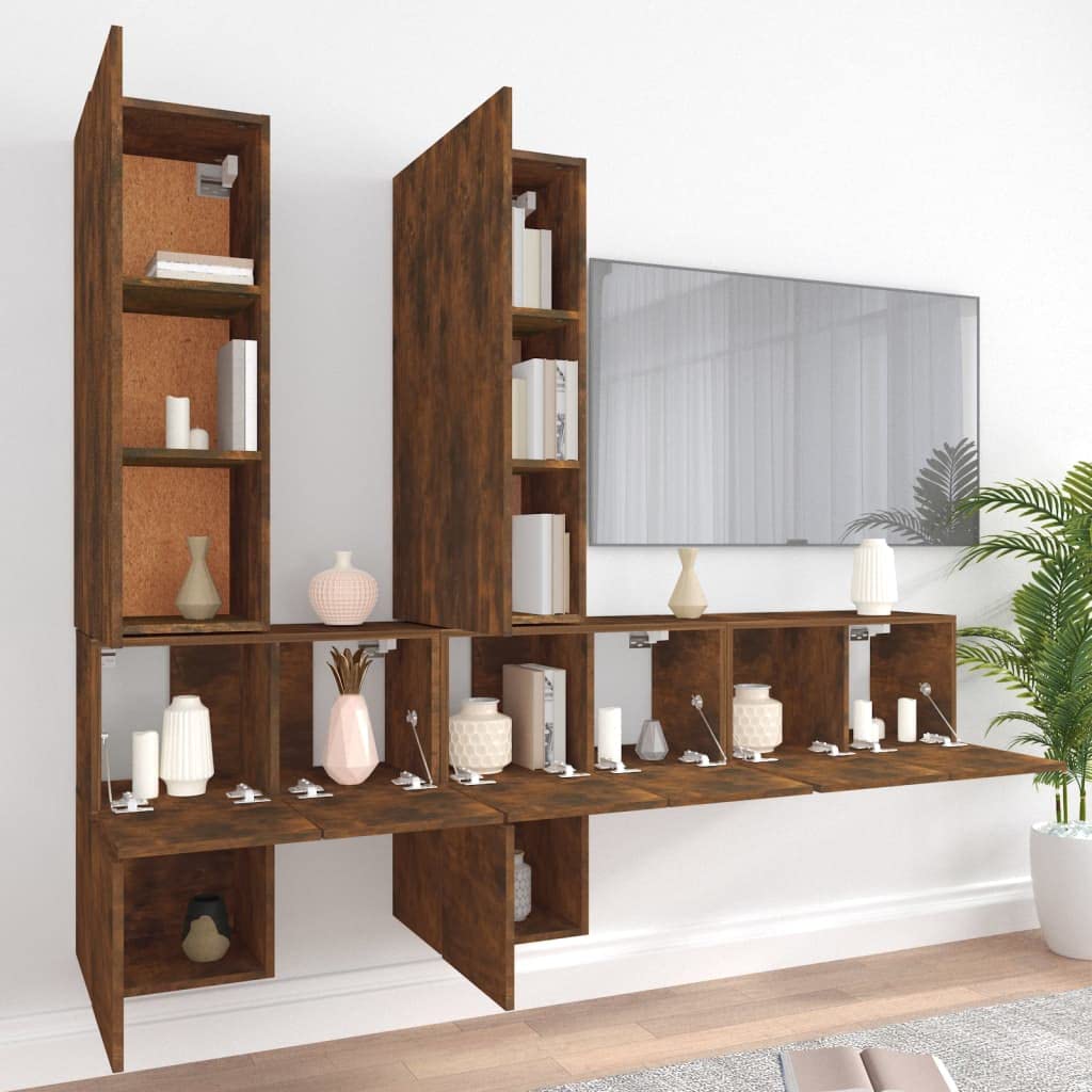 Set mobile TV 7 pezzi legno di ingegneria rovere fumo | Design da parete, ampio spazio di archiviazione, resistente all'umidità, superficie liscia, manuale di montaggio incluso