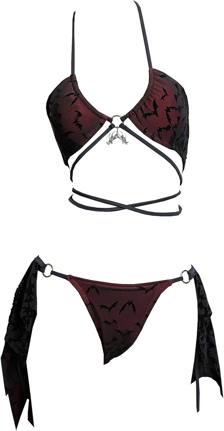 MEOWCOS Goth Bikini Halter - Neck Bat Design Focking Swimsuit Dark Style Gothic Bathing Suit