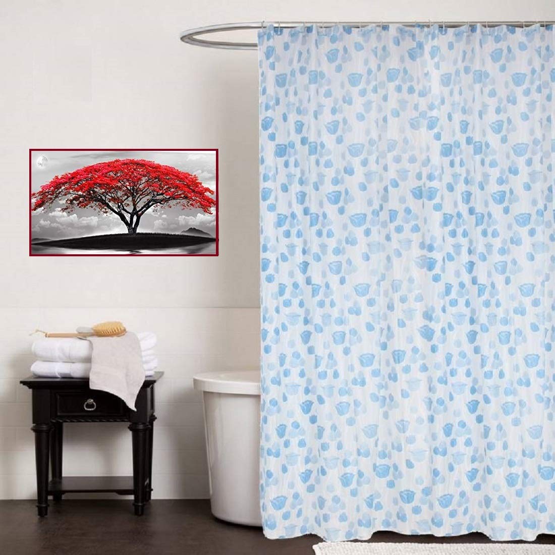 SHAVIN PVC Printed Bathroom Shower Curtain with Hooks (54 x 84 Inches, Blue)