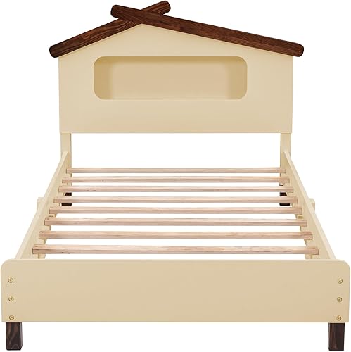 Miniatura 4 de Merax Cama de plataforma, marco de cama de madera de tamaño individual con cabecero en forma de casa y luces nocturnas activadas por movimiento para