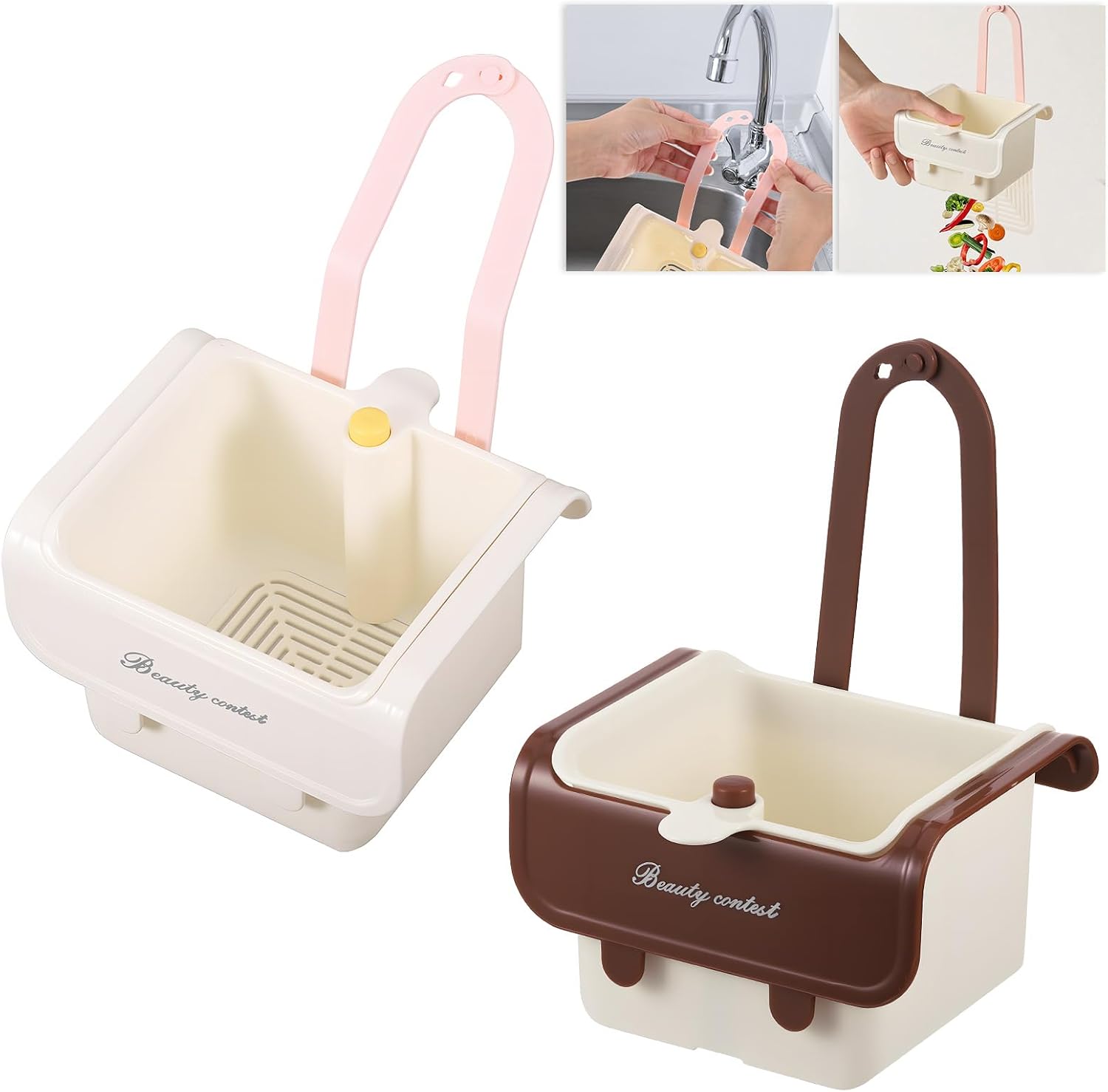 2 Pieces Sink Strainer, Sink Strainer with Push Button, Multifunction Kitchen Sink Strainer for Washing and Organizing, ABS Drain Grid (Pink, Brown)