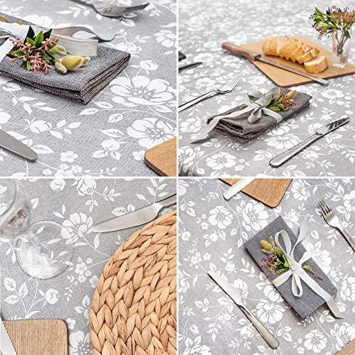 Dehaus® Wipe Clean Table Cloth - Small Grey Floral Bloom - Wipe Clean PVC Oilcloth Table Cover - Round Plastic Vinyl Tablecloth - Water Resistant & Easy To Clean - Kitchen or Dining Table Protector