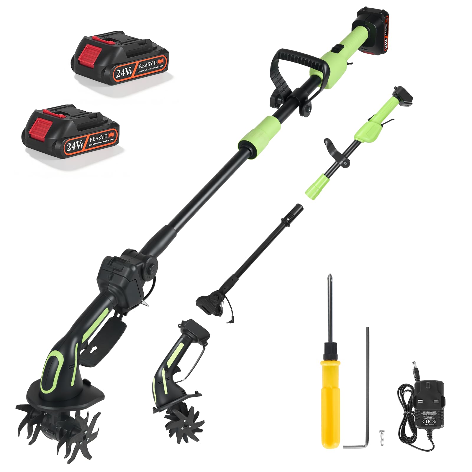 Normodic Cordless Tiller, Electric Garden Soil Cultivator Rotavator, 2 * 21V 1.5Ah Rechargeable Batteries and Charger, 10cm Working Width, 10cm Tilling Depth, 4-Row Blade for Weeding, Loosening Soil