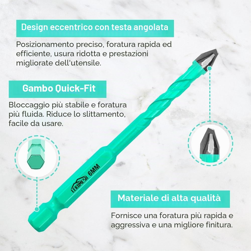 Set Punte Trapano Carburo - 10 pezzi 5mm*2+6mm*2+8mm*2+10mm*2+12mm*2 Punte Trapano Gres Porcellanato per Legno, Plastica, Muratura,Ceramica, Marmo, Vetro, Cambio Rapido con Gambo Esagonale