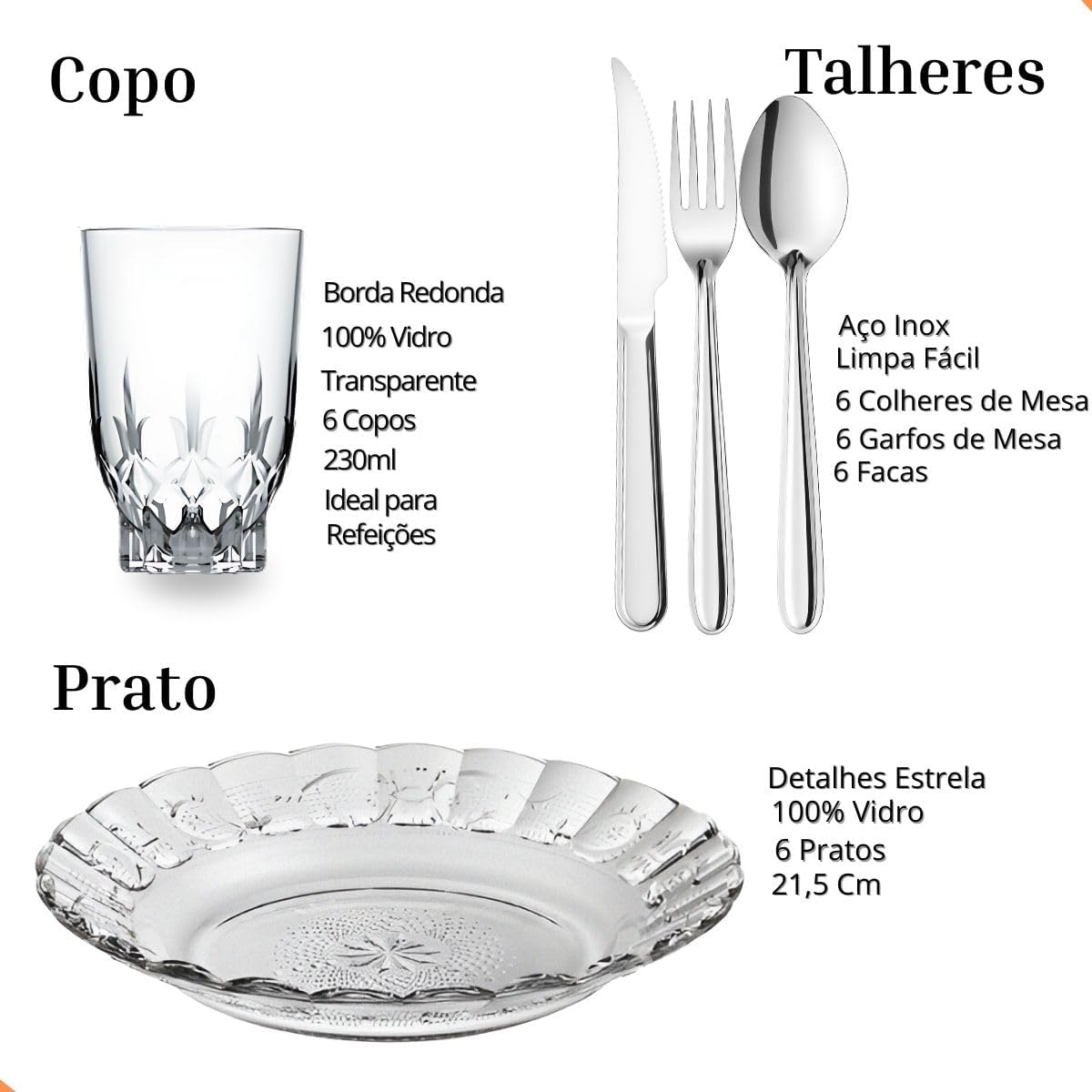Kit Jantar 30 Peças – 6 Pratos Fundos Estrela, 6 Copos Vidro 230ml, 18 Talheres Aço Inox – Sofisticação, Praticidade e Elegância para Sua Mesa Kit Jantar 30 Peças – 6 Pratos Fundos Estrela, 6 Copos Vidro 230ml, 18 Talheres Aço Inox – Sofisticação, Praticidade e Elegância para Sua Mesa