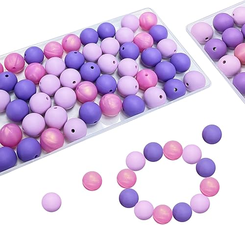INTATIKOO 60 cuentas de silicona de 0.591 in para hacer llaveros, cuentas redondas suaves para hacer pulseras, collares y cordones (morado)