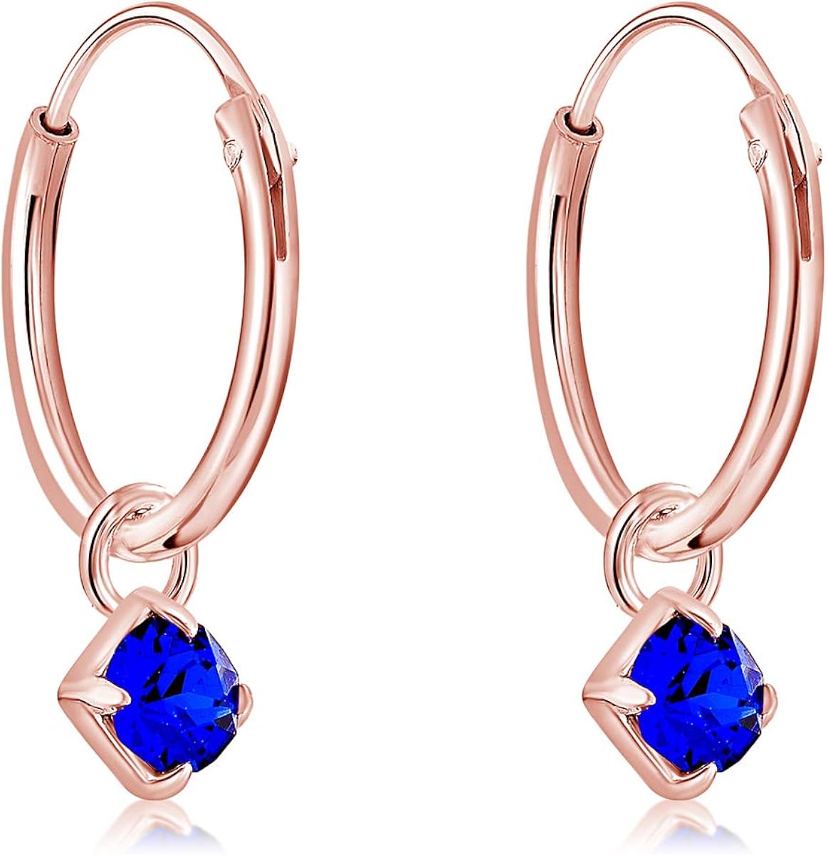 DTPsilver® 925 Sterling Silver Rose Gold Plated SMALL Hoops Earrings & Round Dangling 3 mm Crystals from Swarovski® Elements - Image 4