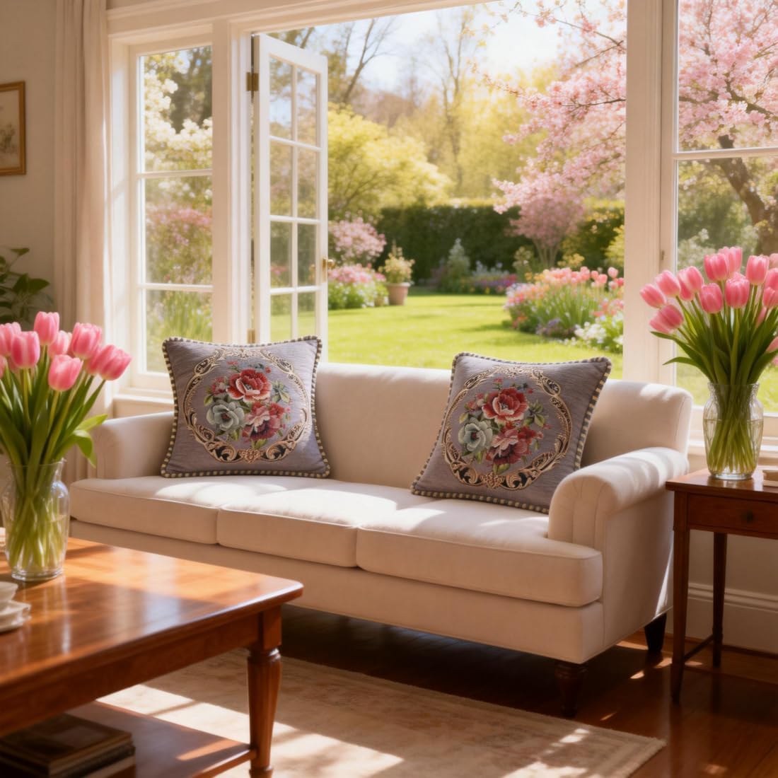 Set of 2 Grey Vintage Embroidered Throw Pillow Covers for Sofa Couch, Cushion 18x18 inch Headboard Pillow Euro Sham Covers