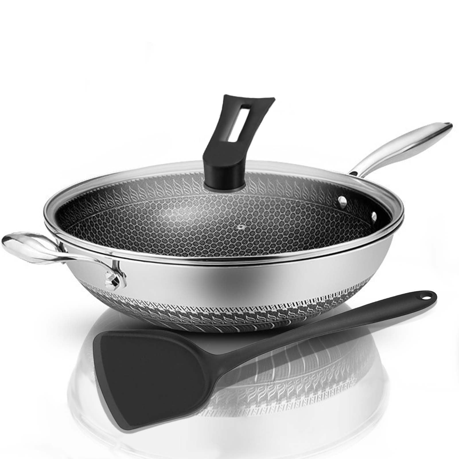 Wok Pan with lid,Hybrid 12.5 Inch Stainless Steel Honeycomb Work