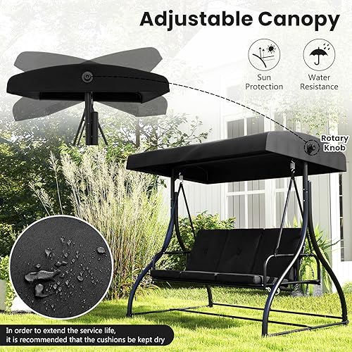 Image of HAPPYGRILL 3 Seat Outdoor Porch Swing, 2-in-1 Swing Glider with Adjustable Canopy, Removable Cushions, Foot Pad, Curved handrails, Outdoor Swing for Patio Yard Garden Balcony Backyard