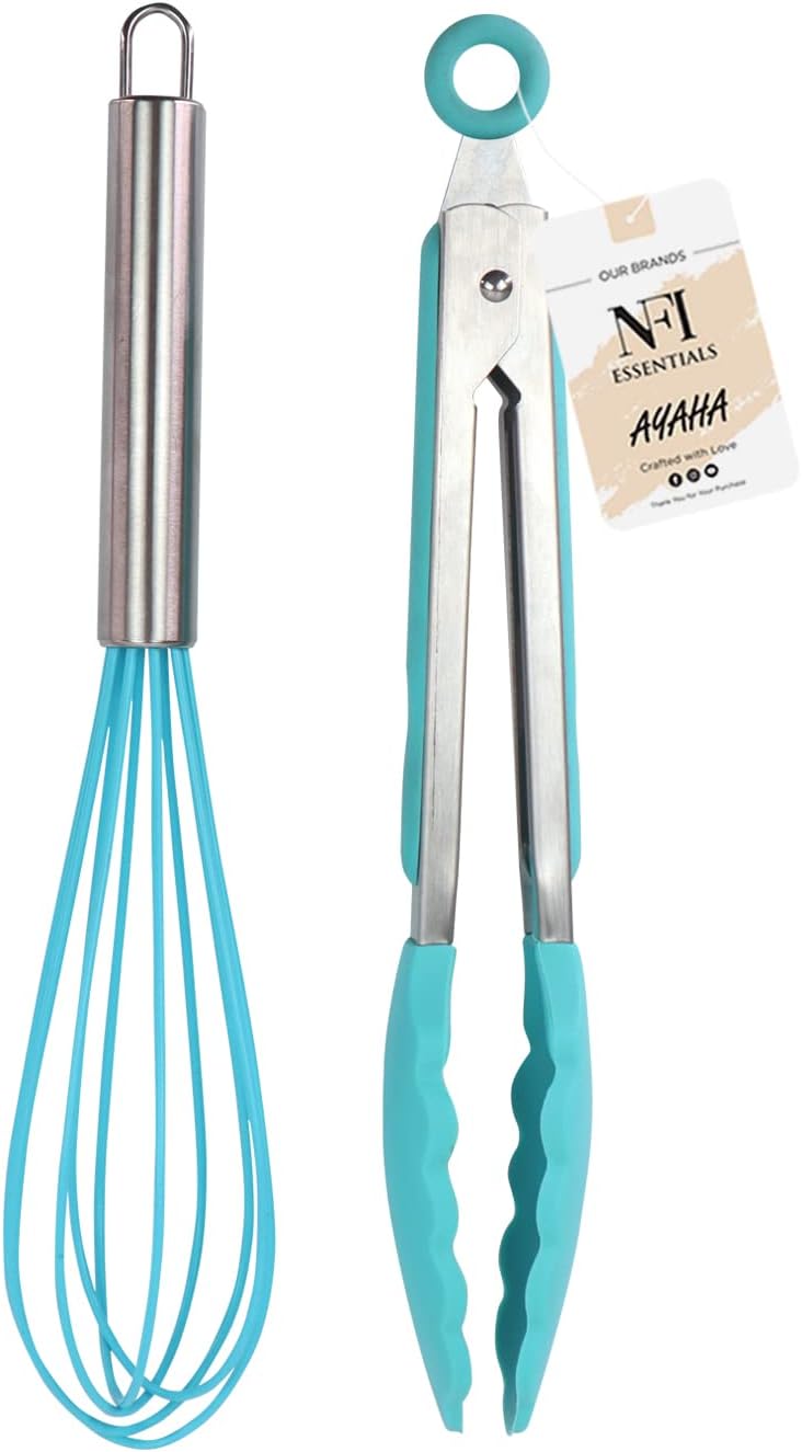 NFI essentials Silicone Whisk and Tong Set, Non-Stick Cooking Safe Set of 2 Silicone Set for Egg Beater, Frying, Whisking, Grillin, Dishwasher Safe Whisks for Cooking Heat Resistant