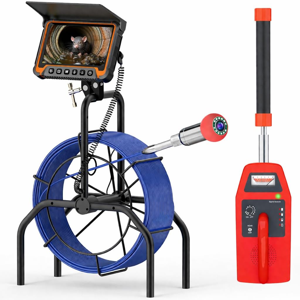 Sewer Camera with Locator 100Ft Self-Leveling, Plumbing Camera for HVAC/Pool/Petrol Pipes, High-Rise Drains, Integral Cable Reel System for Tight Kitchen/Baths 7'' HD Screen, IP68, DVR, 6000mAh