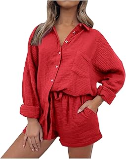 Duohropke Mujer 2 Piezas Ropa Solapa Salón Blusa Camisa y Cintura Alta Pantalones Cortos con Cordón Color Sólido Elegante Traje de Algodón Lino Estético Dos Piezas