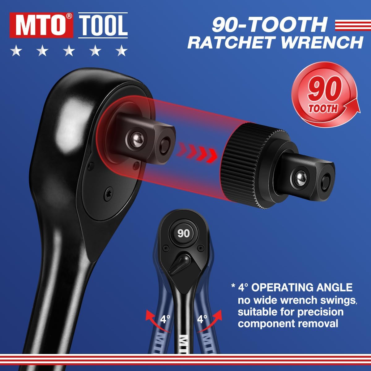 MTO 3-Piece 90 Tooth Ratchet Wrench Set, 1/4”, 3/8”, 1/2” Drive Reversible Ratchets, Ergonomic Handle, Chrome Alloy Made, Quick Release Ratchet