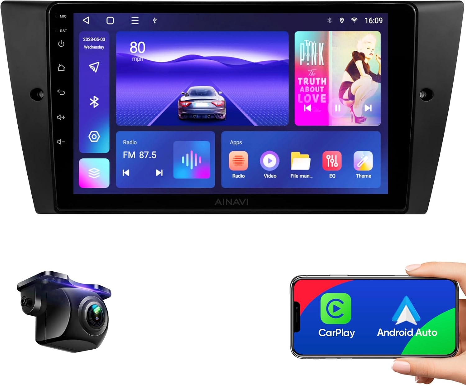 AINAVI 9-inch Car Stereo with backup camera and smartphone showing CarPlay/Android Auto