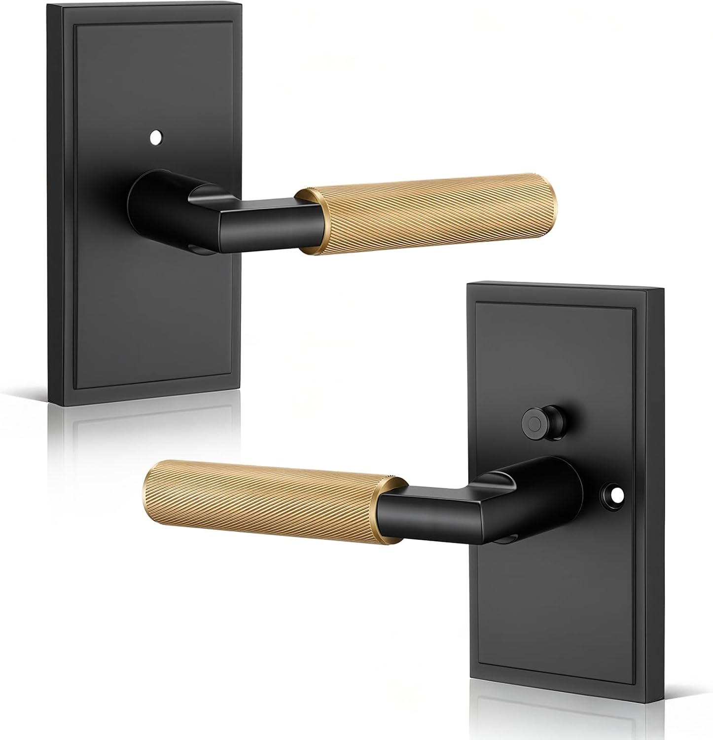 Knurled Matte Black & Brass Privacy Interior Door Lever | Modern Non Slip Grip Handle, Reversible Left Right, Easy Install, for Bedroom Bathroom Interior