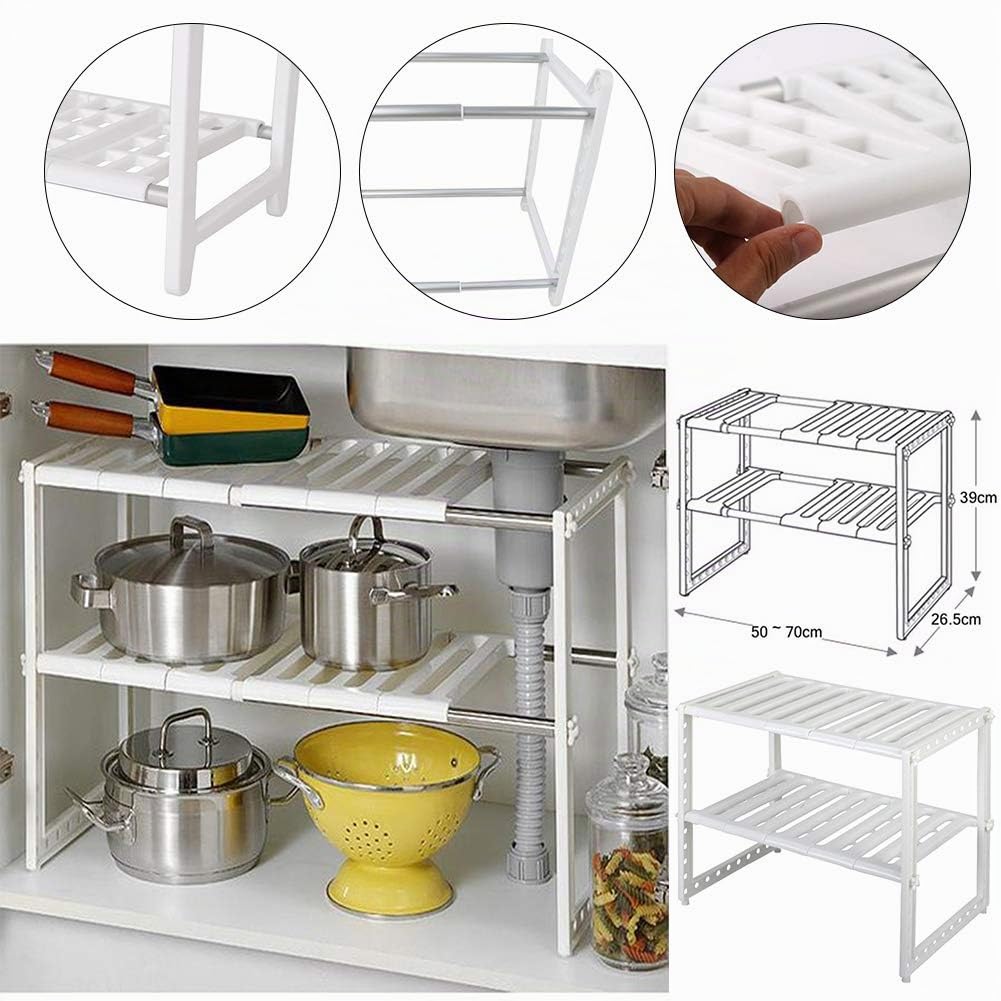 Warmiehomy Scaffale Stoviglie Estensibile in Inox Acciaio, Cestelli Sottolavello con 2 Ripiani, Mensola Multifunzionale, per Cucina Bagno Sotto Lavello, 50–70 x 26.5 x 39 cm