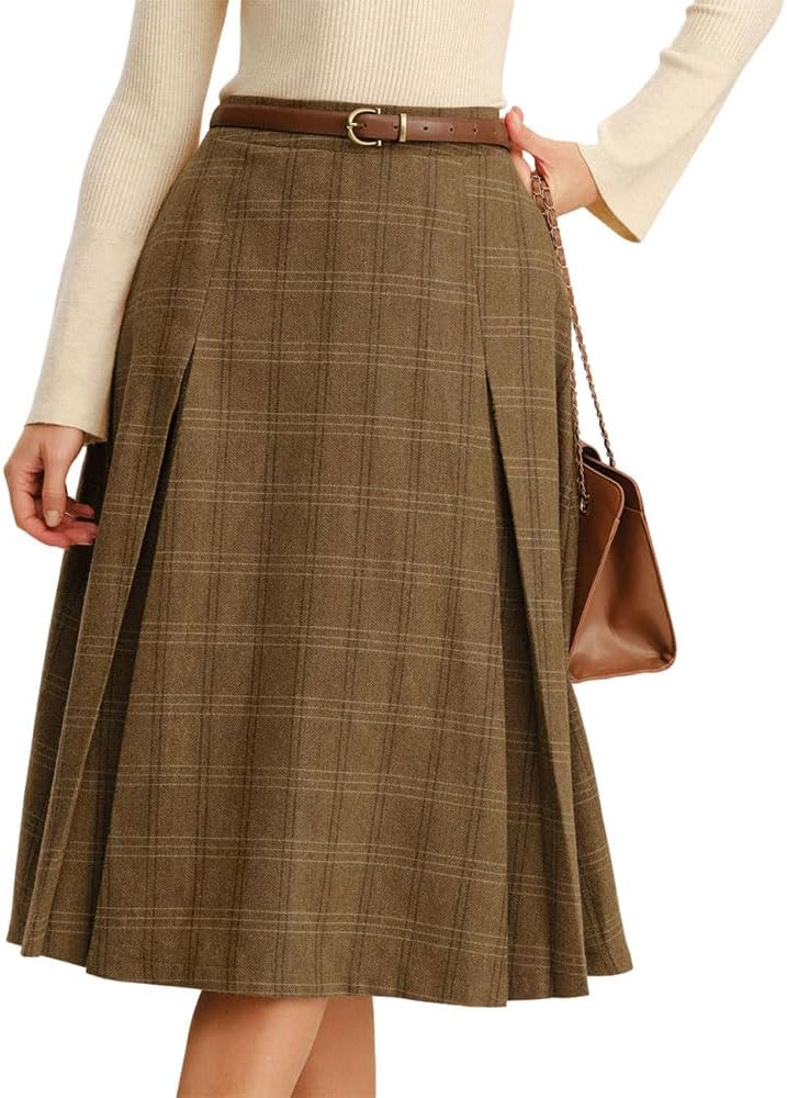 RIHOAS Women's Brown Plaid A-Line Midi Skirt,Vintage High Waist Plaid Skirts for Women with Pockets & Zipper