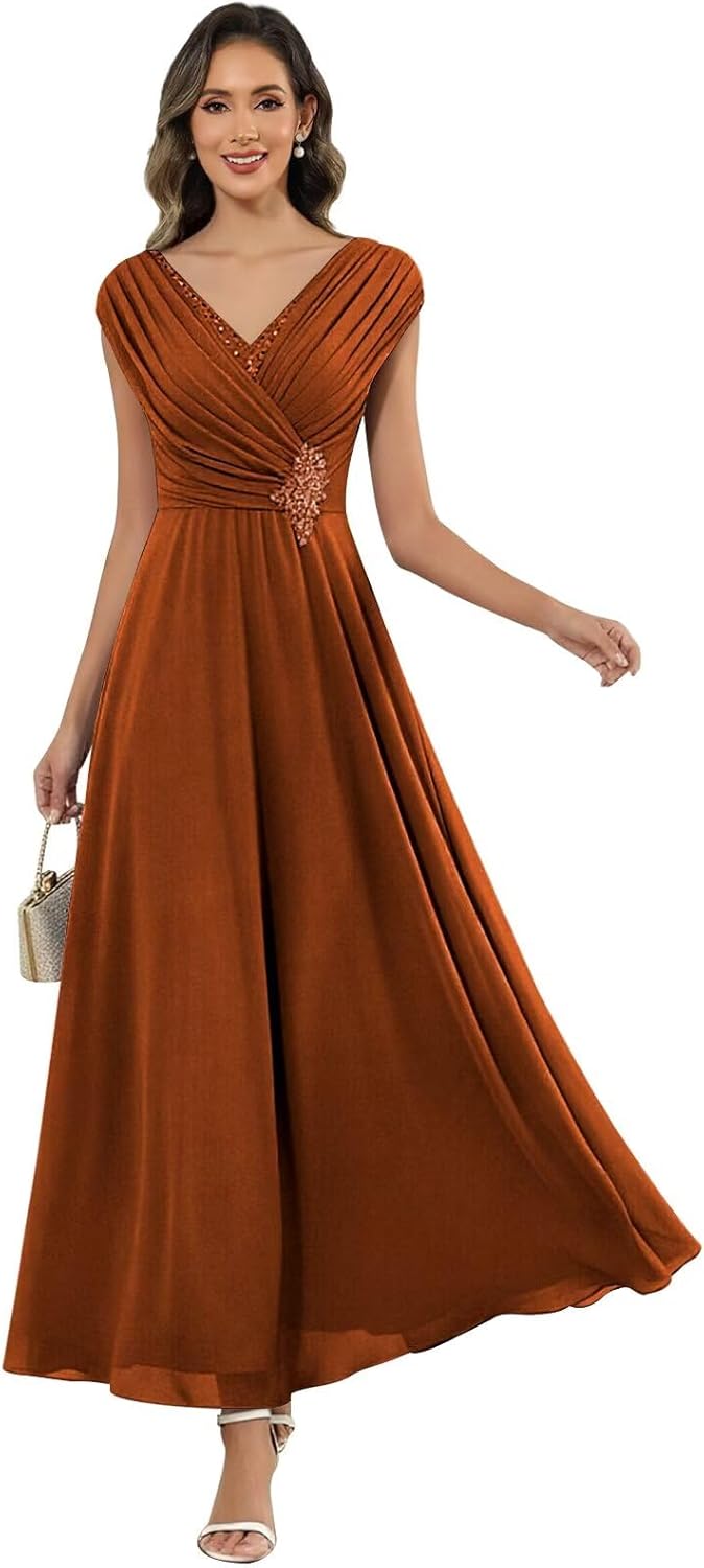 Tea Length Chiffon Mother of the Bride Dresses V-Neck Cap Sleeve Pleated Wedding Guest Dresses for Women Formal