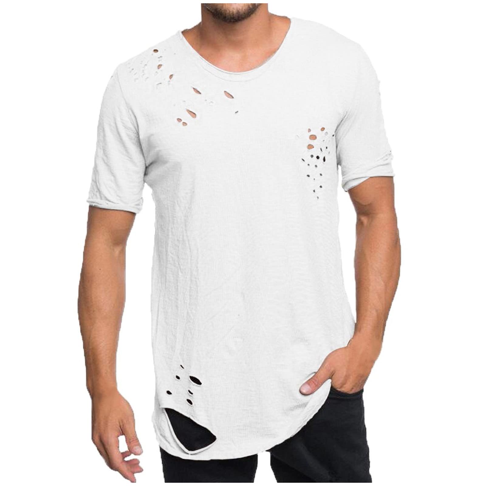 Mens Distressed Ripped T Shirt Trendy Short Sleeve Shirt with Stylish Holes Casual Fashion Shirt for Summer