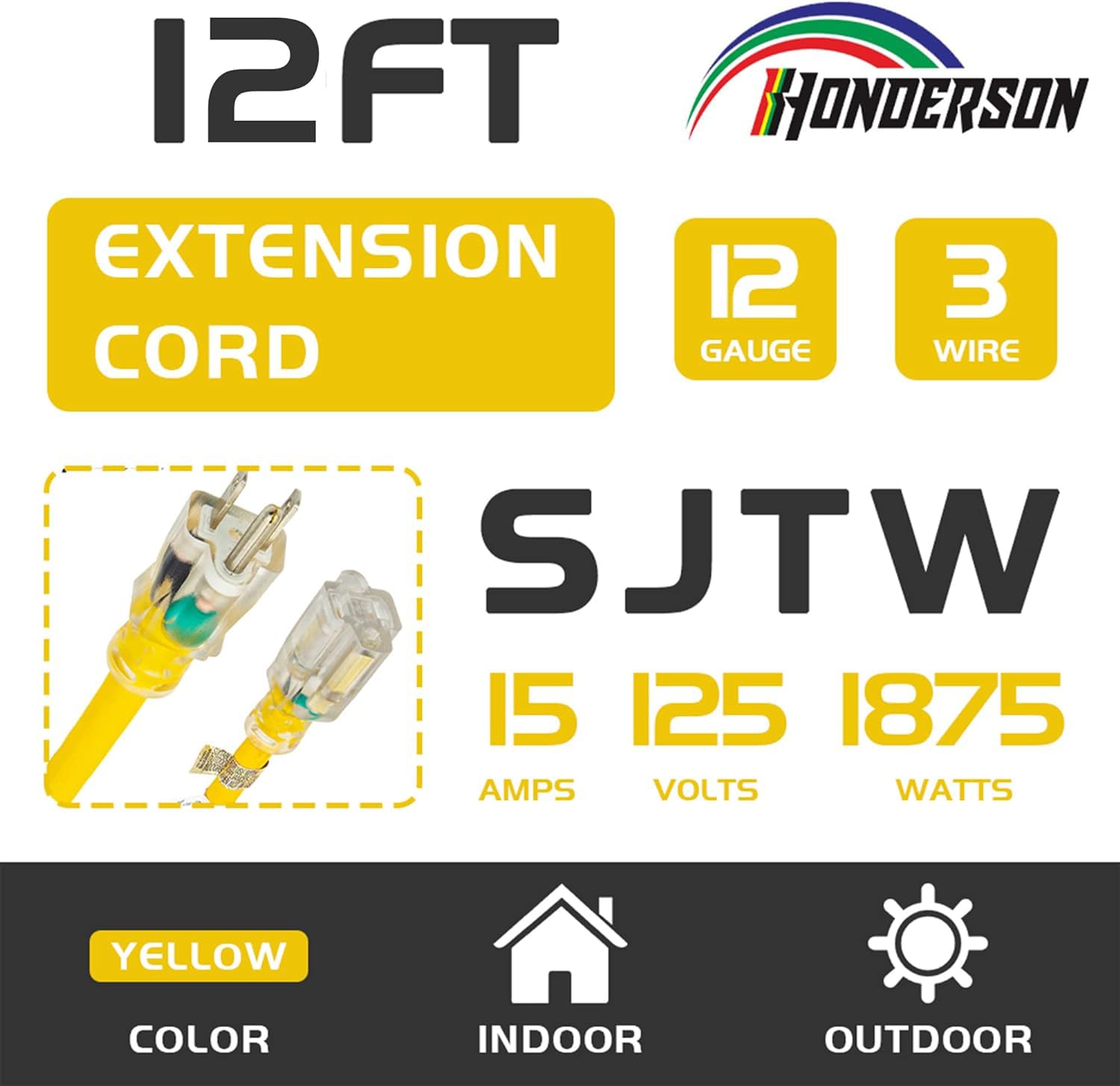 Cable de extensión para exteriores con iluminación de 12 pies, calibre 12/3, SJTW, cable de extensión amarillo resistente con enchufe de 3 puntas para mayor seguridad, certificado UL