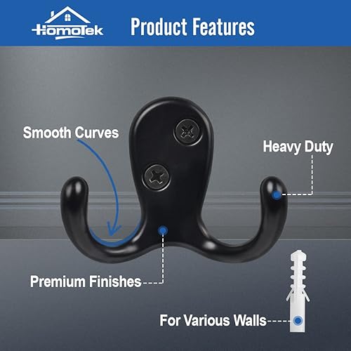 Miniatura 3 de HOMOTEK Paquete de 8 ganchos resistentes para abrigos montados en la pared de doble punta (izquierda y derecha) a prueba de óxido, accesorios retro