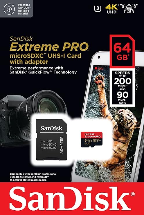 SanDisk Extreme Pro SDSQXCU-064G-GN6MA Class 10 UHS-I U3 A2 V30 64 GB Micro SD Card