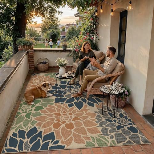 5x7 Easy Jute Outdoor Rug Black Floral Textured Indoor Outdoor Area Rug Farmhouse Patio Carpet for Backyard, Patio, Porch, Easy-Cleaning, High Traffic, Pet-Friendly, Non-Shedding 5'x7' Black