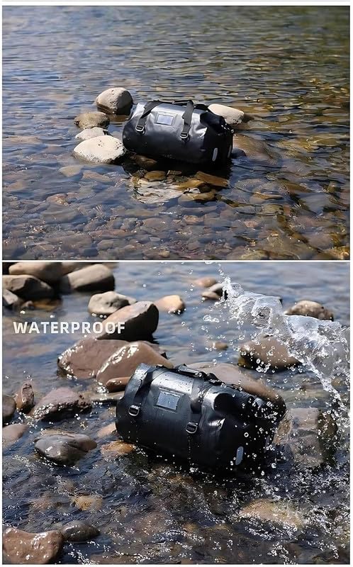 Image of HRWIN Motorcycle Tail Bag 40L Waterproof PVC Duffel Bag - Water-Resistant PVC Roll-Top Dry Luggage for Riders, Travel & Adventure - Roll Top Dry Sack for Motorbike, Car, Boat, and Outdoor Use (1Pcs)
