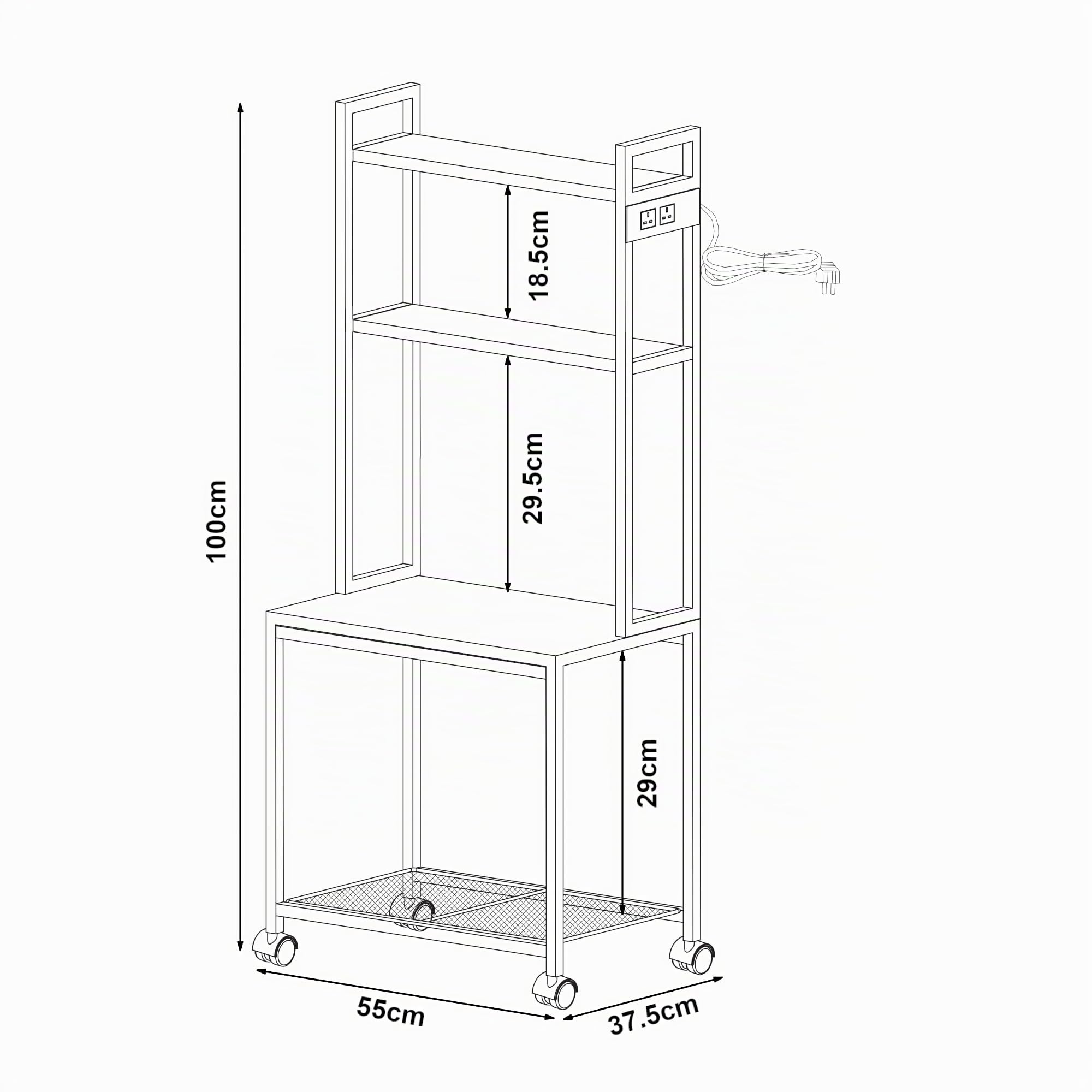 [en.casa] Carrello Porta Stampante per Ufficio Studio a 3 Livelli con 2 Prese di Corrente Scaffale Supporto Laterale con Ruote e Ripiani Griglia 100 x 55 x 38 cm - Bianco