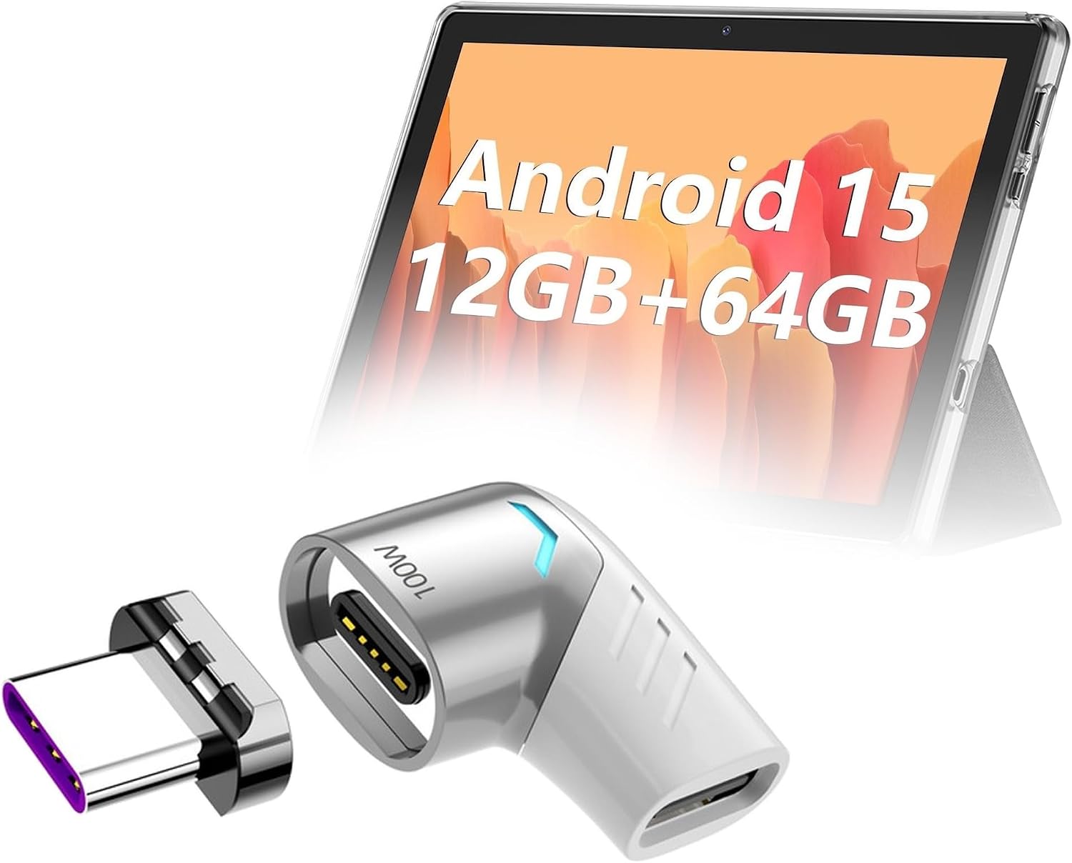BoxWave Adapter Compatible with ECOPAD THTH-K12C Tablet (10.1 in) - MagnetoSnap PD Angle Adapter, Magnetic Charging Connector Device Saver - Metallic Silver