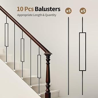 10 Pcs Wrought Iron Balusters 44 Inches Iron Balusters for Staircase Hollow Stair Spindles 1/2 Balusters for Staircase Interior Satin Black Metal Deck Balusters
