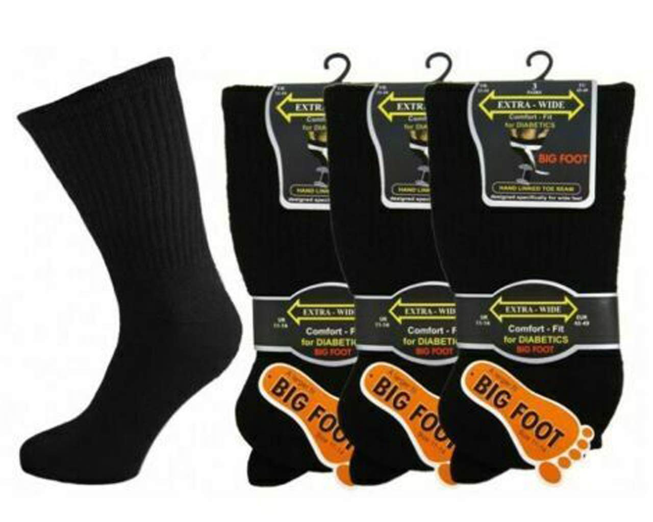 3/6 /12 Pairs of Men's Gents Extra Wide Diabetic Comfort Top Gentle Grip Swollen feet Socks Big Foot Size 11-14, Black, L