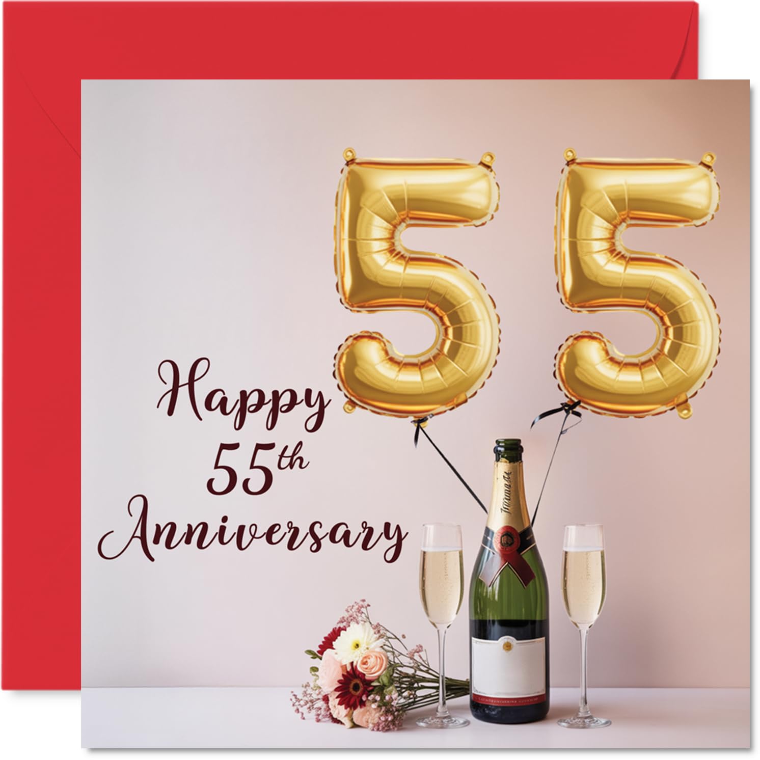 55th Anniversary Card for Women Men - Balloons & Bottle of Bubbly - Happy 55 Year Anniversary Card for Husband Companion Wife Partner, 145mm Wedding Anniversaries Greeting Cards