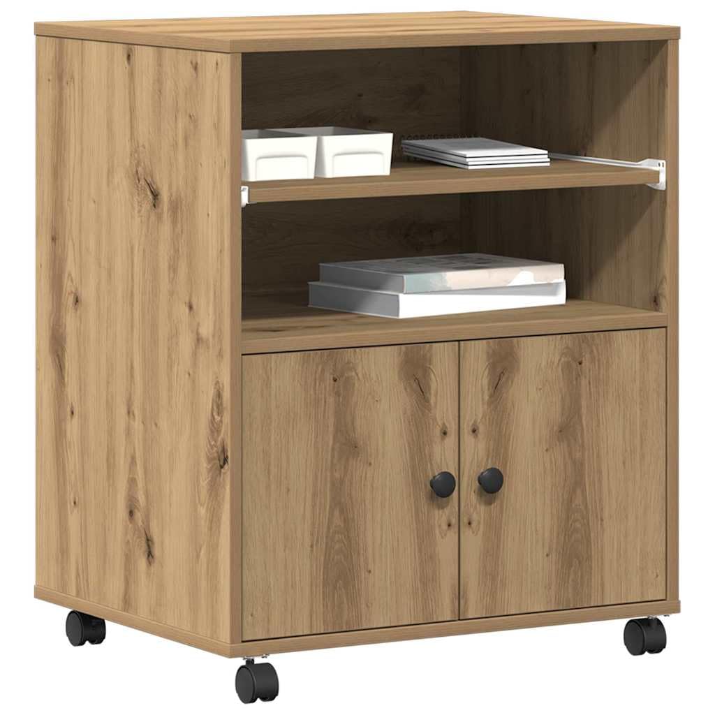 Soporte para impresora de madera de roble Artisan, 60 x 48 x 74 cm, con espacio de almacenamiento y botones negros, para oficina en casa o oficina, estante estable, ahorra espacio, duradero