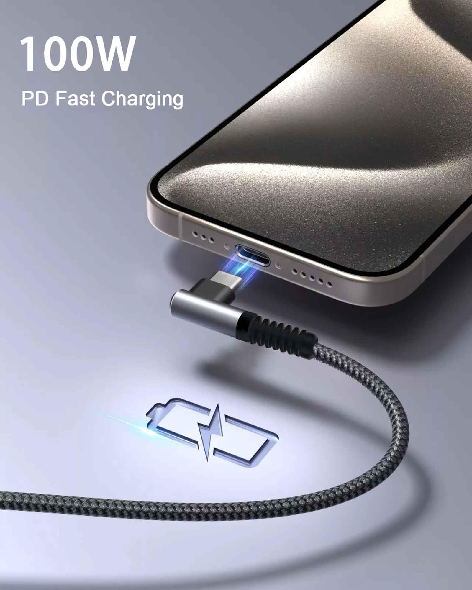 Cable de carga rápida tipo C en ángulo recto de 15 pies, 100 W, cable trenzado USB-C a USB-C para iPhone 15/15 Plus/15 Pro/15 Pro Max, MacBook Air/Pro, iPad Pro/Air/Mini, Pixel, Dell XPS, Samsung