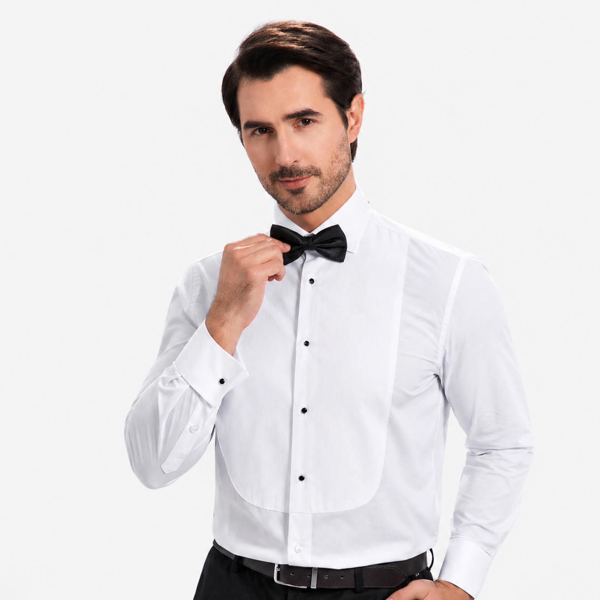 Camicia da smoking da uomo con colletto Windsor, polsini francesi e jacquard frontale, camicia formale elasticizzata per matrimonio e ballo di fine anno, cravatta nera