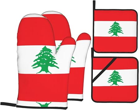 Flag of Lebanon Printed Kitchen Baking & BBQ 4-Piece Set, Family Banquet & Party Cooking Heat Insulation Set