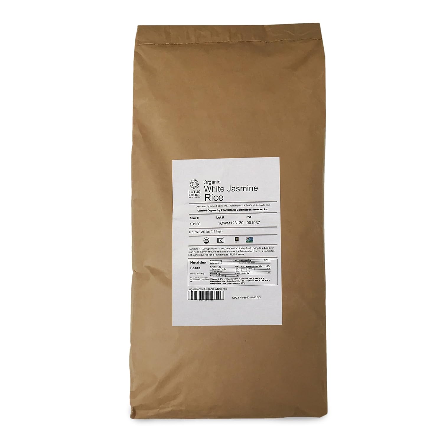 Lotus Foods Organic Brown Jasmine Rice - Gluten Free Long Grain Brown Rice, Vegan, Non GMO, Use for Curries, Stir Fries, Rice Pudding, Salad, and More - 25 Lb Bag (Pack of 1)