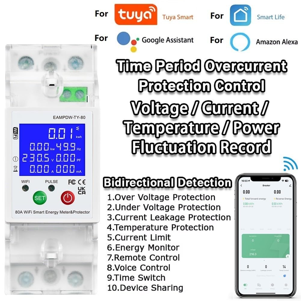 Misuratore di energia WiFi 80A con bidirezionale, sovra/sotto tensione e perdite, interruttore di controllo remoto solare domestico