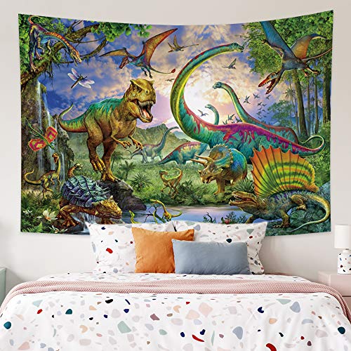 Oerju 59.1X51.2 Inches Dinosaur Tapestry Jurassic Period Dragonfly Ancient Times Green Trees Forest Long Tails Water Animals Wall Tapestry For Bedroom Picnic Beach Blanket College Dorm Tablecloth #TOP11