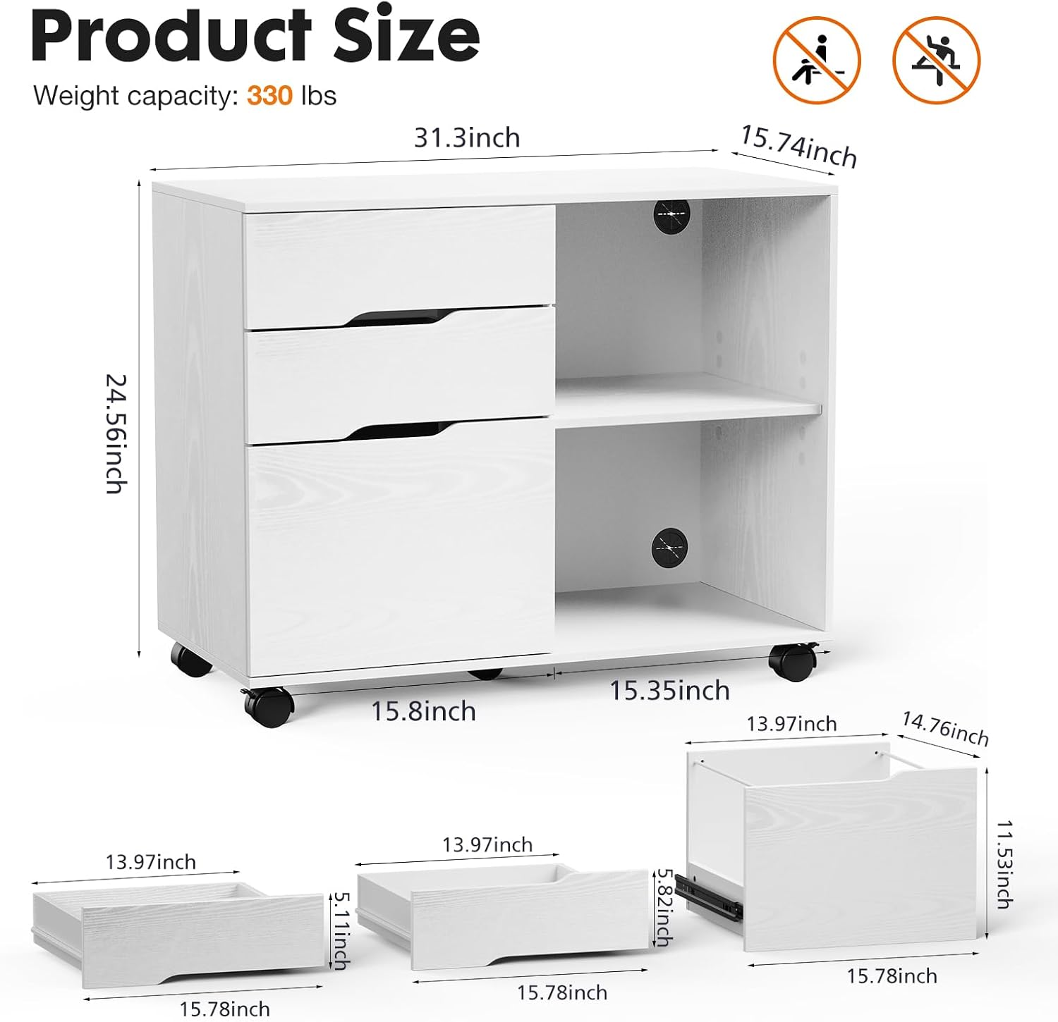 File Cabinet with 3 Drawers, Mobile Lateral Filing Cabinet with Open Storage Shelves for Home Office Under Desk Storage, White