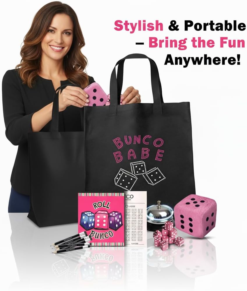 Bunco Babe Complete Game Set with Roll Bunco Plates – Bunco Party Supplies Bundle Featuring Bunco Babe Tote Game Kit + Roll Bunco 8" Plates